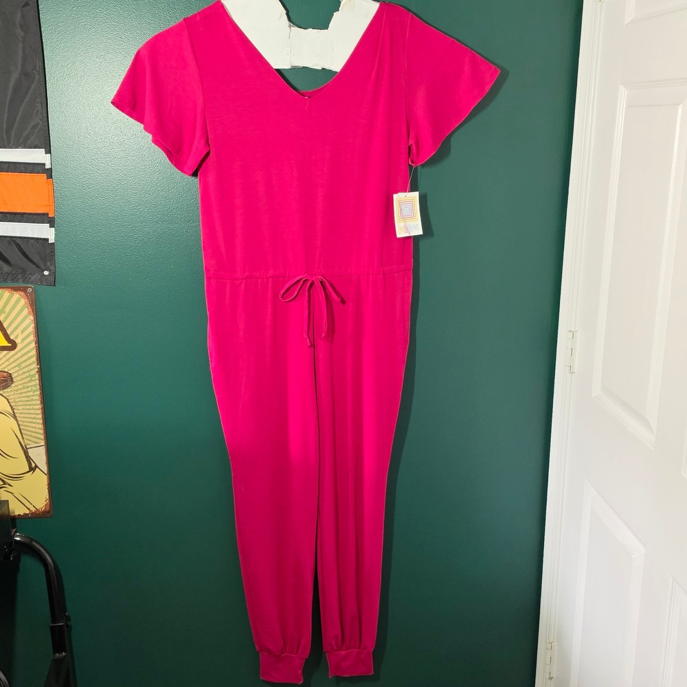 LuLaRoe Pink Short Sleeve V-Neck Drawstring Waist Jogger Jumpsuit Womens Medium